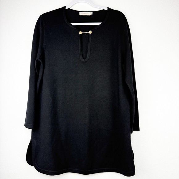 Tory Burch Black Merino Wool Tunic Top Gold Chain Detail XL - Picture 1 of 8